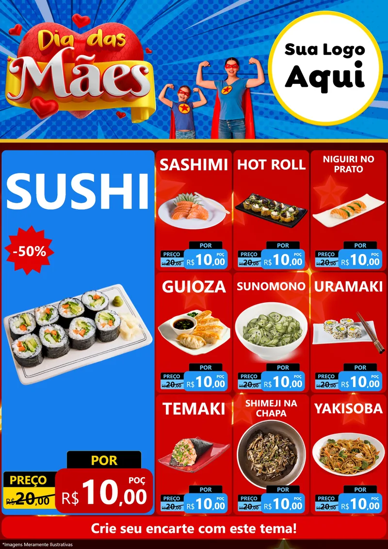 Modelo de Encarte para Encarte A4 Vertical com o tema Dia das Mães para Comida japonesa