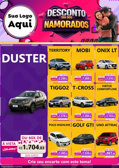 Modelo de Encarte para Encarte A4 Vertical com o tema Desconto Dia dos Namorados para Concessionaria de Carros