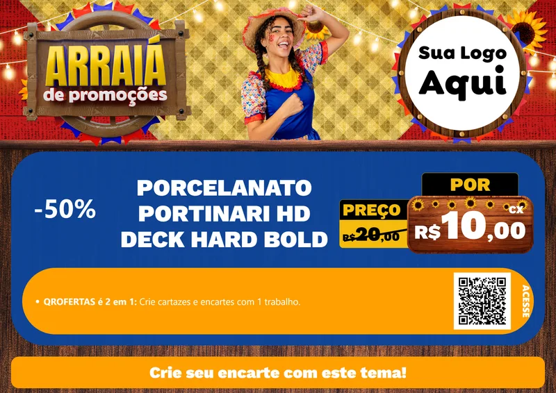 Modelo de Cartaz para Cartaz A4 Horizontal com o tema Arraiá de Promoções para Pisos e revestimentos