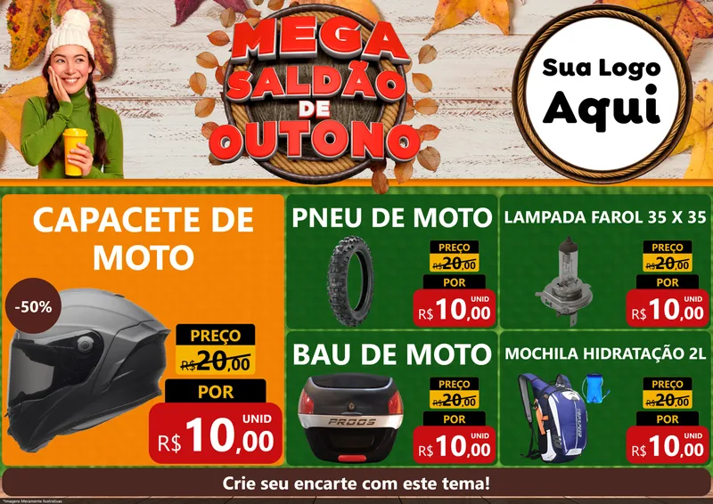 Modelo de Encarte para Encarte A4 Horizontal com o tema Mega Saldão de Outono para Moto peças