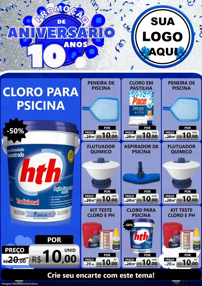 Modelo de Encarte para Encarte A4 Vertical com o tema Promoção de Aniversário - 10 Anos para Produtos para Piscina