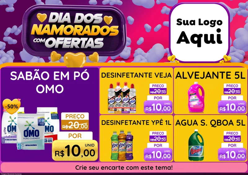 Modelo de Encarte para Encarte A4 Horizontal com o tema Dia Dos Namorados Com Ofertas para Produtos de Limpeza