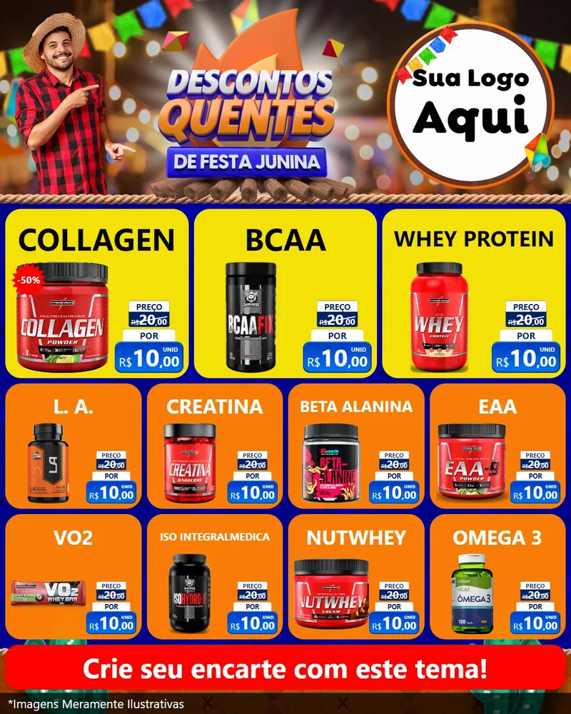 Modelo de Rede Social para Feed Instagram com o tema Descontos Quentes de Festa Junina para Suplementos alimentares