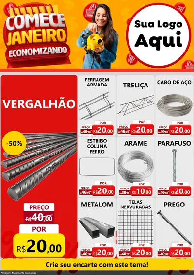 Modelo de Encarte para Encarte A4 Vertical com o tema Comece Janeiro Economizando para Ferragens
