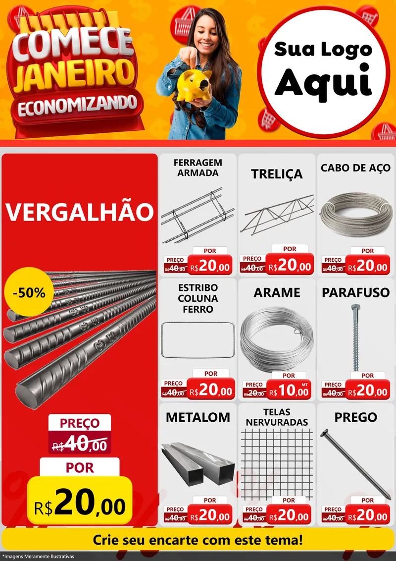 Modelo de Encarte para Encarte A4 Vertical com o tema Comece Janeiro Economizando para Ferragens