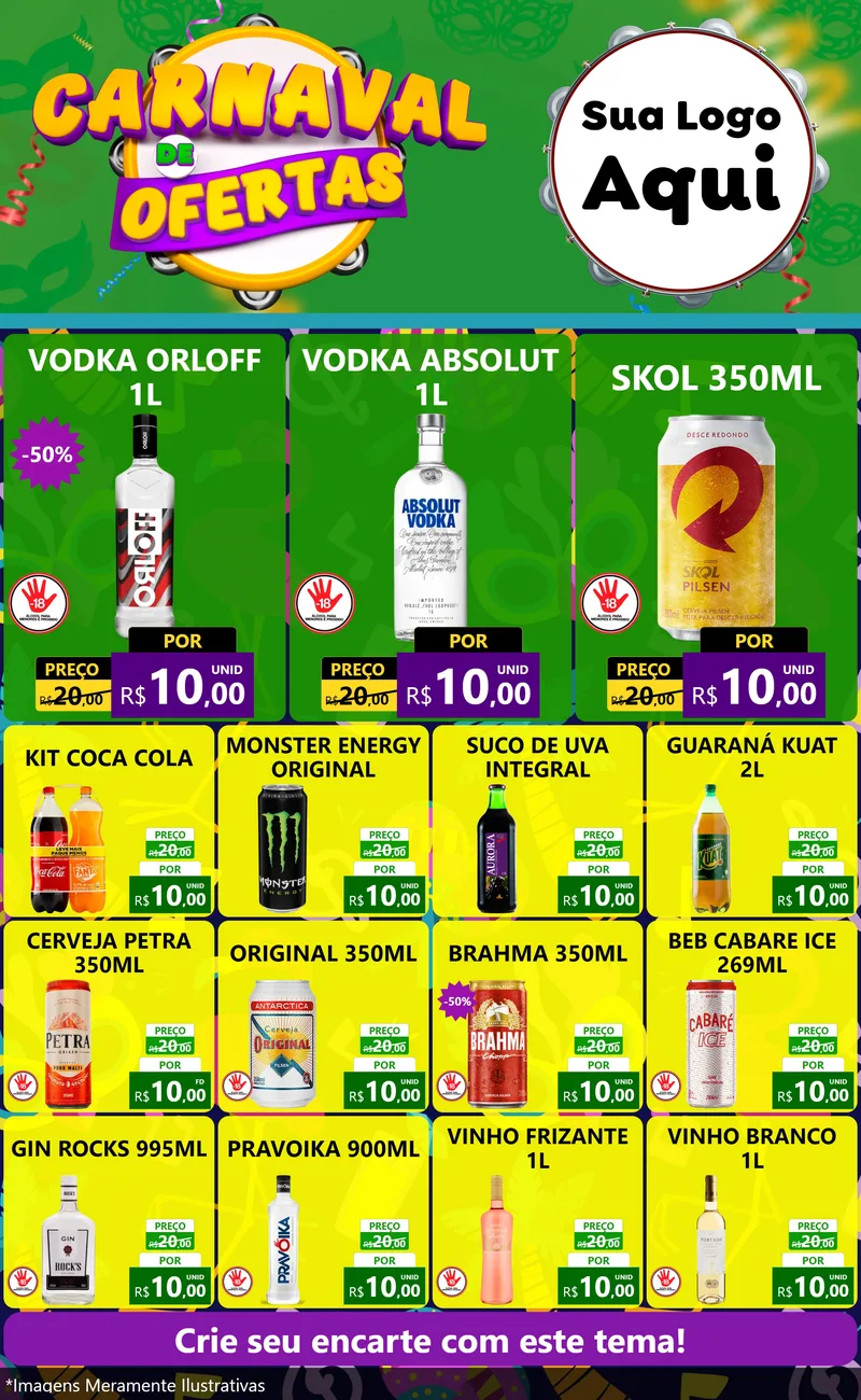 Modelo de Encarte para Encarte Grande com o tema Carnaval de Ofertas para Distribuidora de bebidas