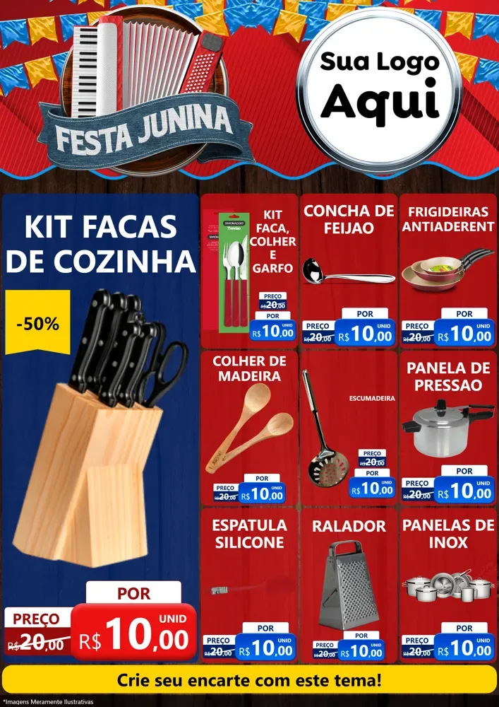 Modelo de Encarte para Encarte A4 Vertical com o tema Festa Junina para Utilidades Domésticas