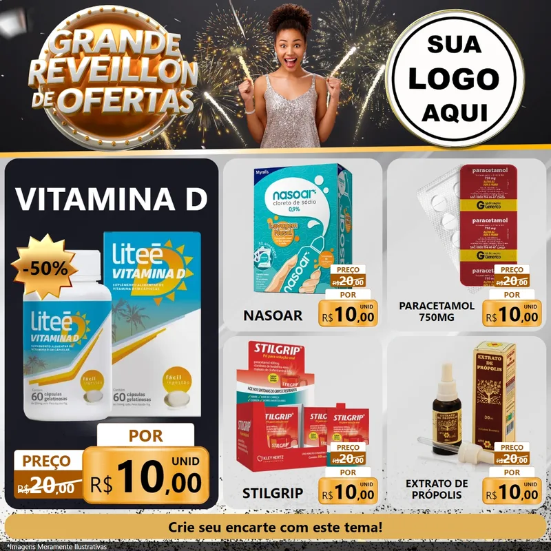 Modelo de Rede Social para Feed Facebook com o tema Grande Réveillon de Ofertas para Farmácia