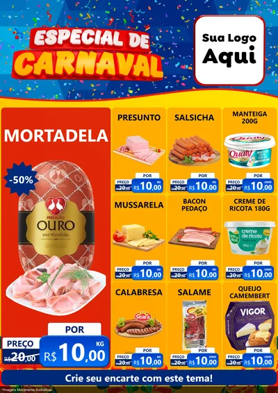 Modelo de Encarte para Encarte A4 Vertical com o tema Especial de Carnaval para Frios e Laticínios