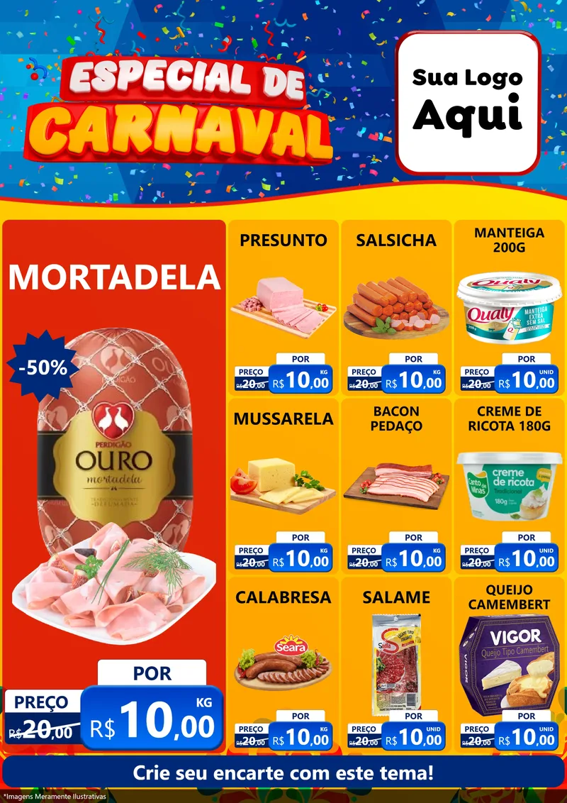 Modelo de Encarte para Encarte A4 Vertical com o tema Especial de Carnaval para Frios e Laticínios