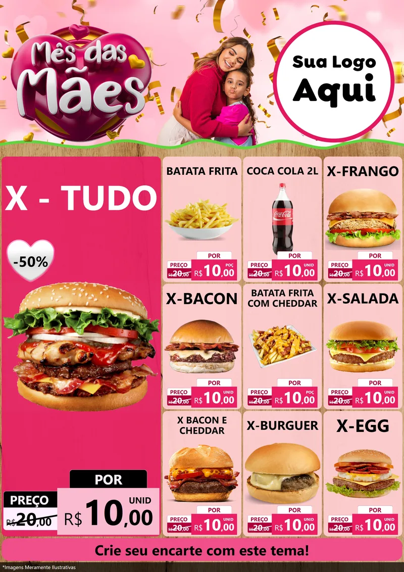 Modelo de Encarte para Encarte A4 Vertical com o tema Mês das Mães para Hamburgueria
