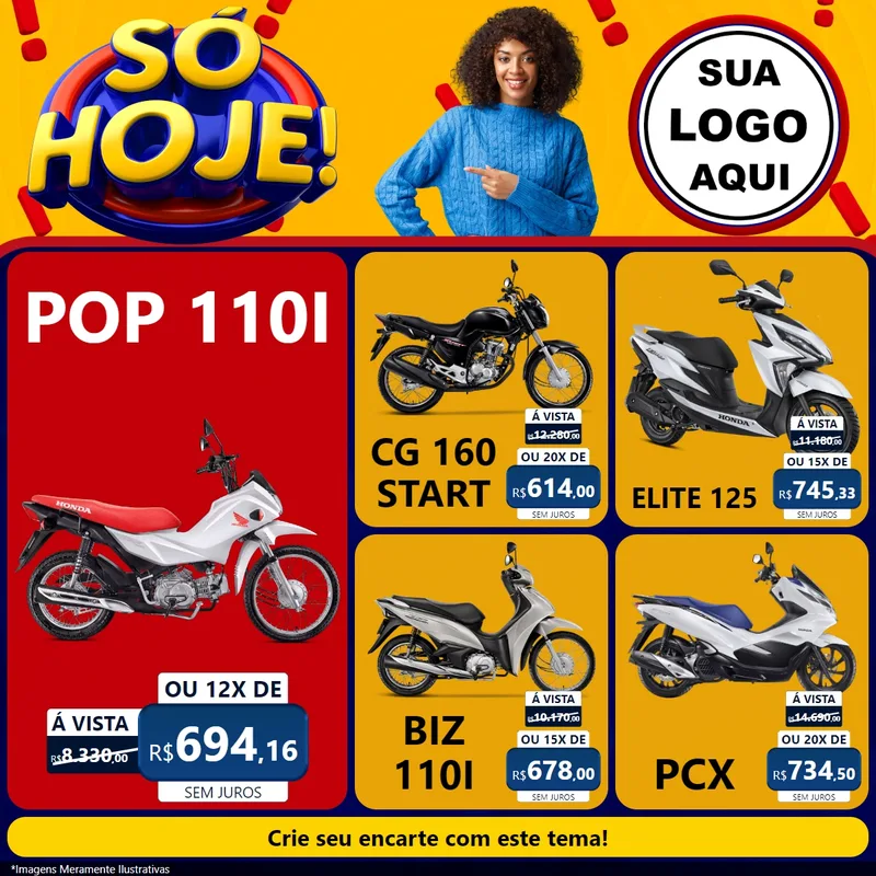 Modelo de Rede Social para Feed Facebook com o tema Só Hoje! para Concessionaria de Motos