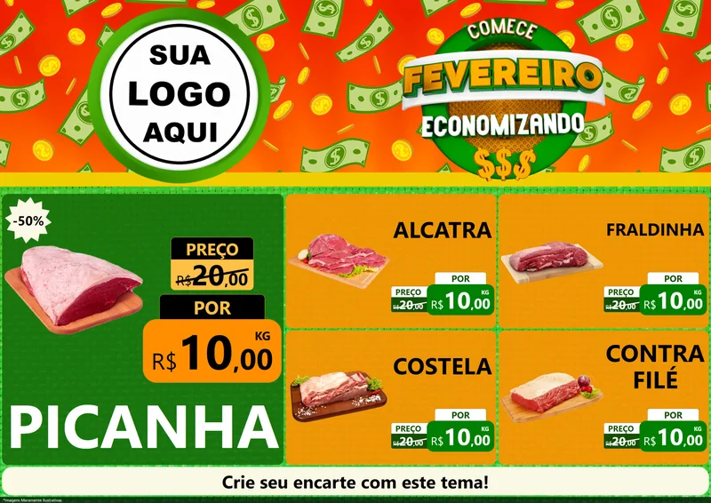 Modelo de Encarte para Encarte A4 Horizontal com o tema Comece Fevereiro Economizando para Açougue