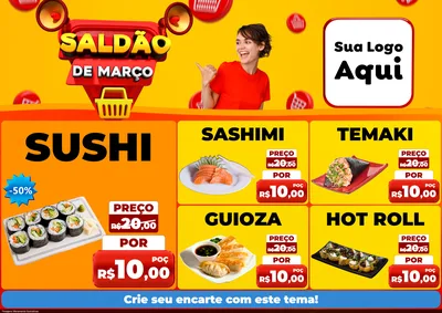 Modelo de Encarte para Encarte A4 Horizontal com o tema Saldão de Março para Comida japonesa