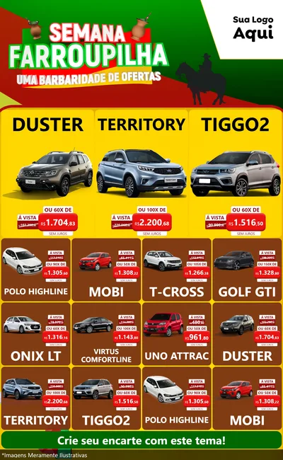 Modelo de Encarte para Encarte Grande com o tema Semana Farroupilha - Uma Barbaridade de Ofertas para Concessionaria de Carros