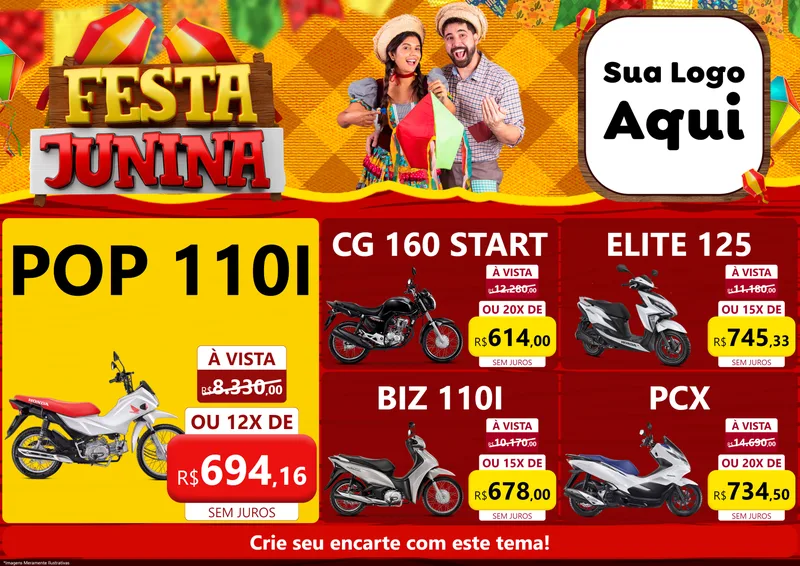 Modelo de Encarte para Encarte A4 Horizontal com o tema Festa Junina para Concessionaria de Motos