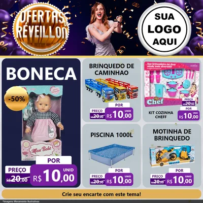 Modelo de Rede Social para Feed Facebook com o tema Ofertas de Réveillon para Brinquedos