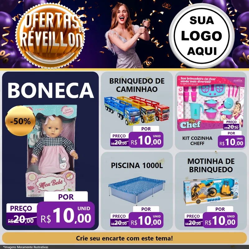 Modelo de Rede Social para Feed Facebook com o tema Ofertas de Réveillon para Brinquedos