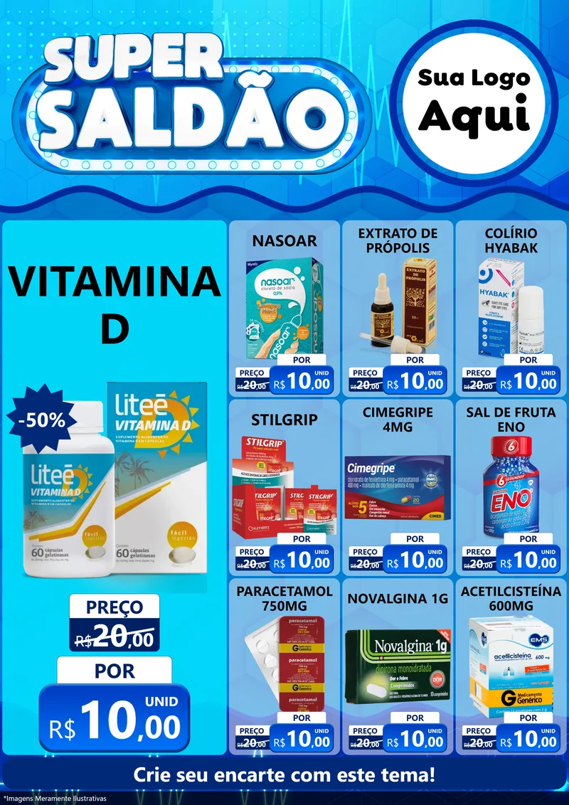 Modelo de Encarte para Encarte A4 Vertical com o tema Super Saldão - Farmácia para Farmácia