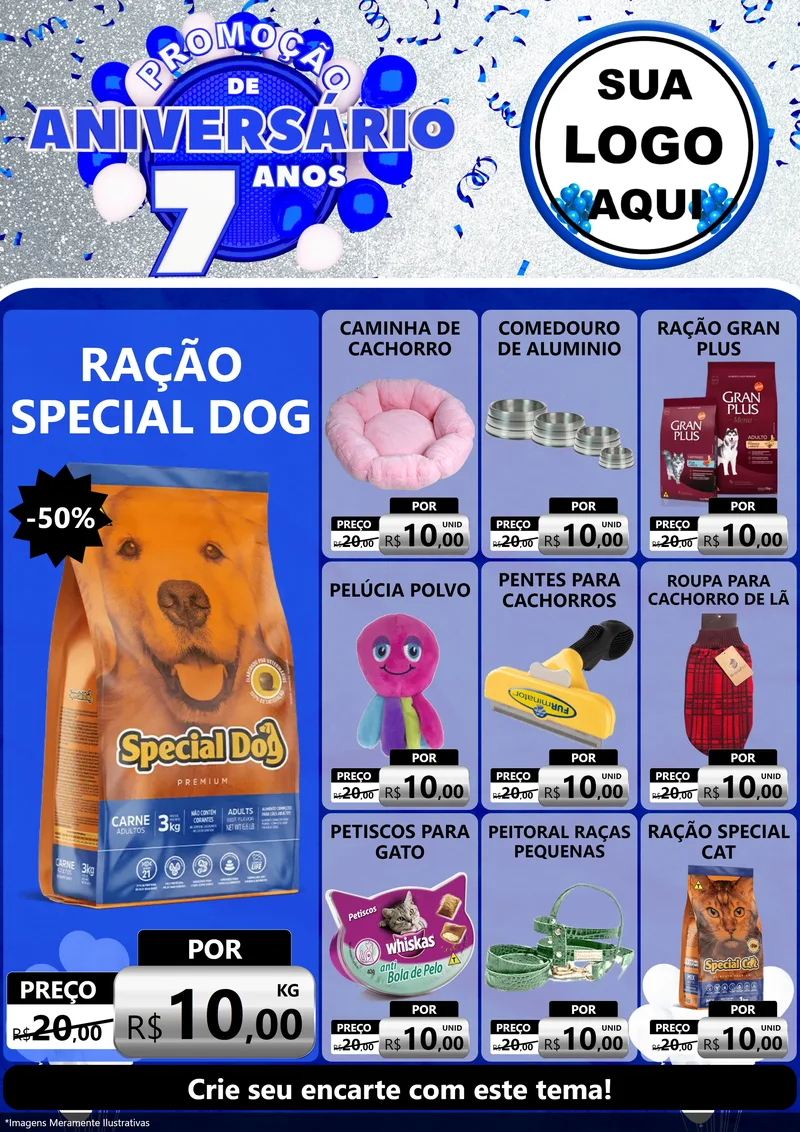 Modelo de Encarte para Encarte A4 Vertical com o tema Promoção de Aniversário - 7 Anos para Pet Shop