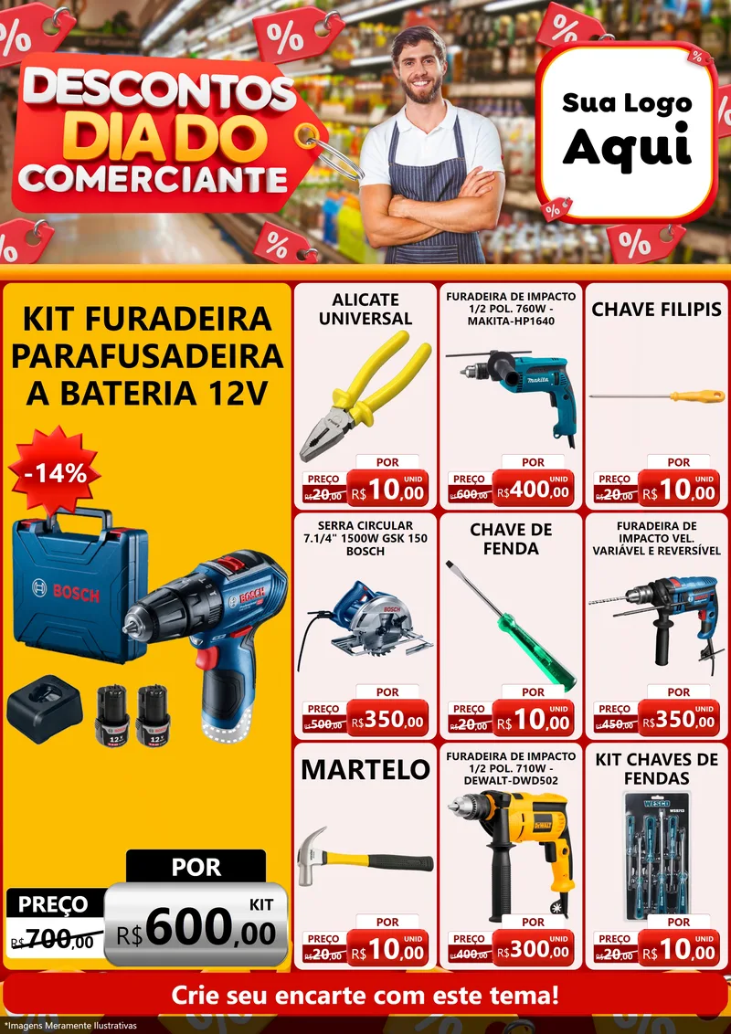 Modelo de Encarte para Encarte A4 Vertical com o tema Descontos Dia do Comerciante para Maquinas e Ferramentas