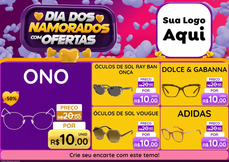 Modelo de Encarte para Encarte A4 Horizontal com o tema Dia Dos Namorados Com Ofertas para Óticas