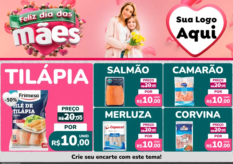 Modelo de Encarte para Encarte A4 Horizontal com o tema Feliz Dia das Mães para Peixaria