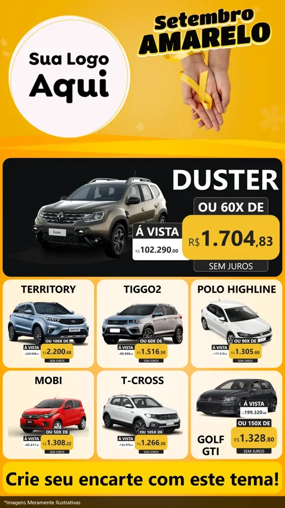 Modelo de Rede Social para Stories com o tema Setembro Amarelo para Concessionaria de Carros