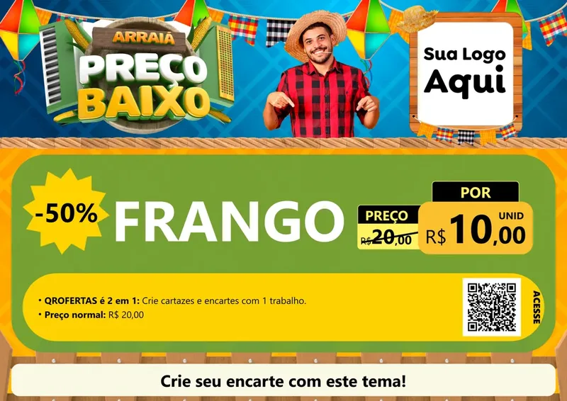 Modelo de Cartaz para Cartaz A4 Horizontal com o tema Arraiá de Preço Baixo - Junina para Assados