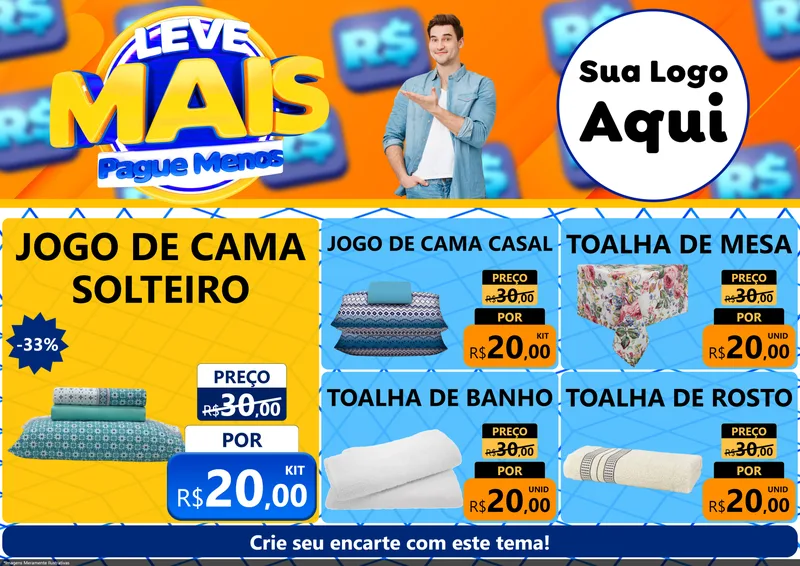 Modelo de Encarte para Encarte A4 Horizontal com o tema Leve Mais, Pague Menos para Cama, Mesa e Banho