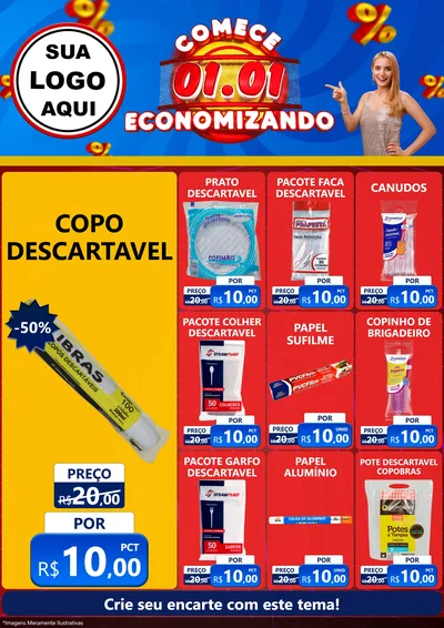 Modelo de Encarte para Encarte A4 Vertical com o tema Comece 1º de Janeiro Economizando para Embalagens