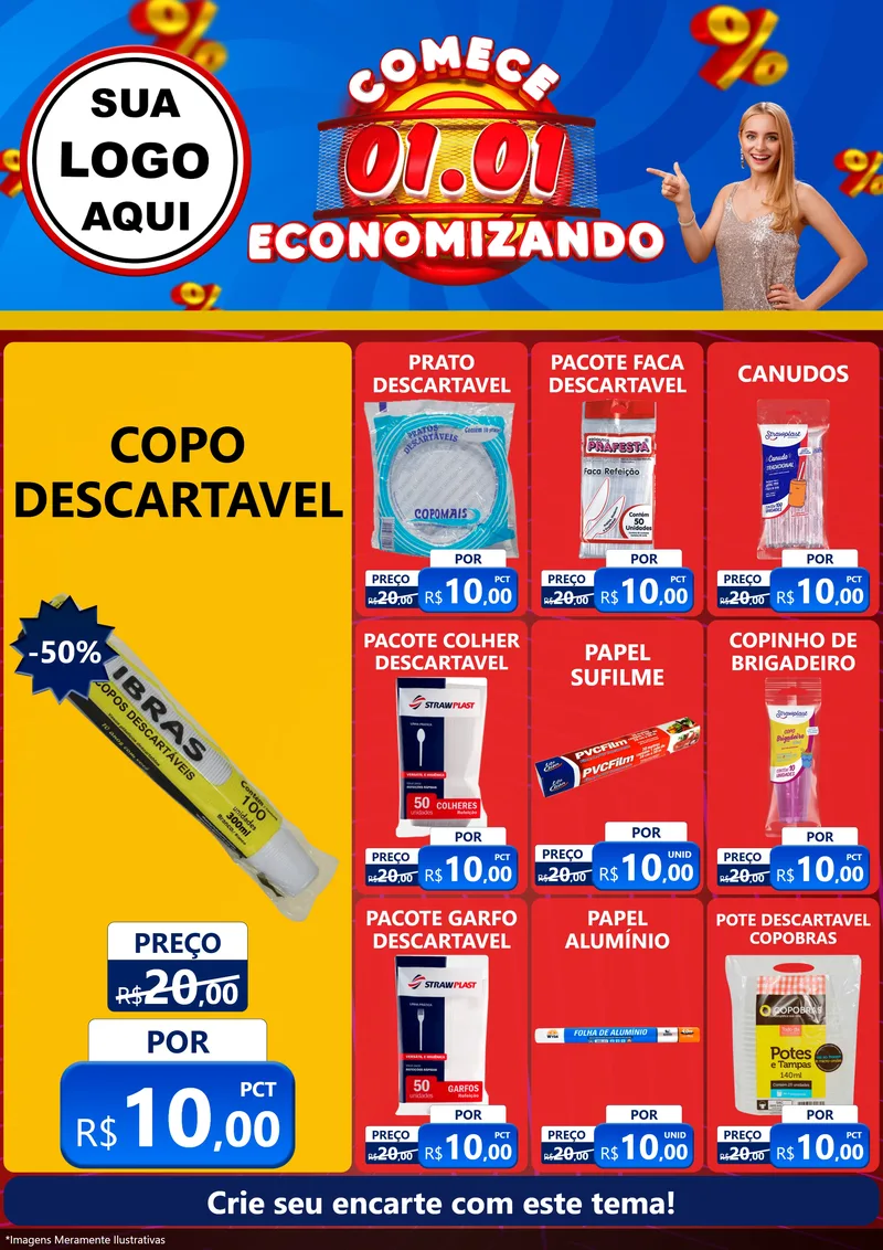 Modelo de Encarte para Encarte A4 Vertical com o tema Comece 1º de Janeiro Economizando para Embalagens