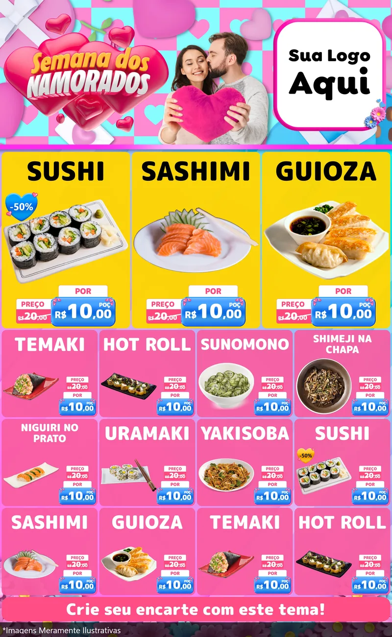 Modelo de Encarte para Encarte Grande com o tema Semana dos Namorados para Comida japonesa