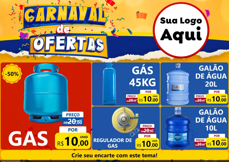 Modelo de Encarte para Encarte A4 Horizontal com o tema Carnaval de Ofertas para Água e gás