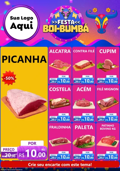 Modelo de Encarte para Encarte A4 Vertical com o tema Festa Boi-Bumbá para Açougue