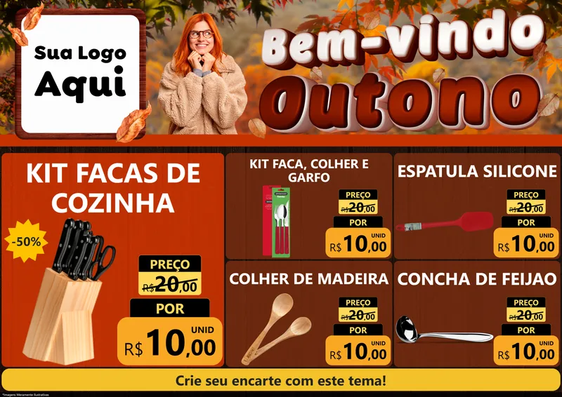 Modelo de Encarte para Encarte A4 Horizontal com o tema Bem-vindo Outono para Utilidades Domésticas