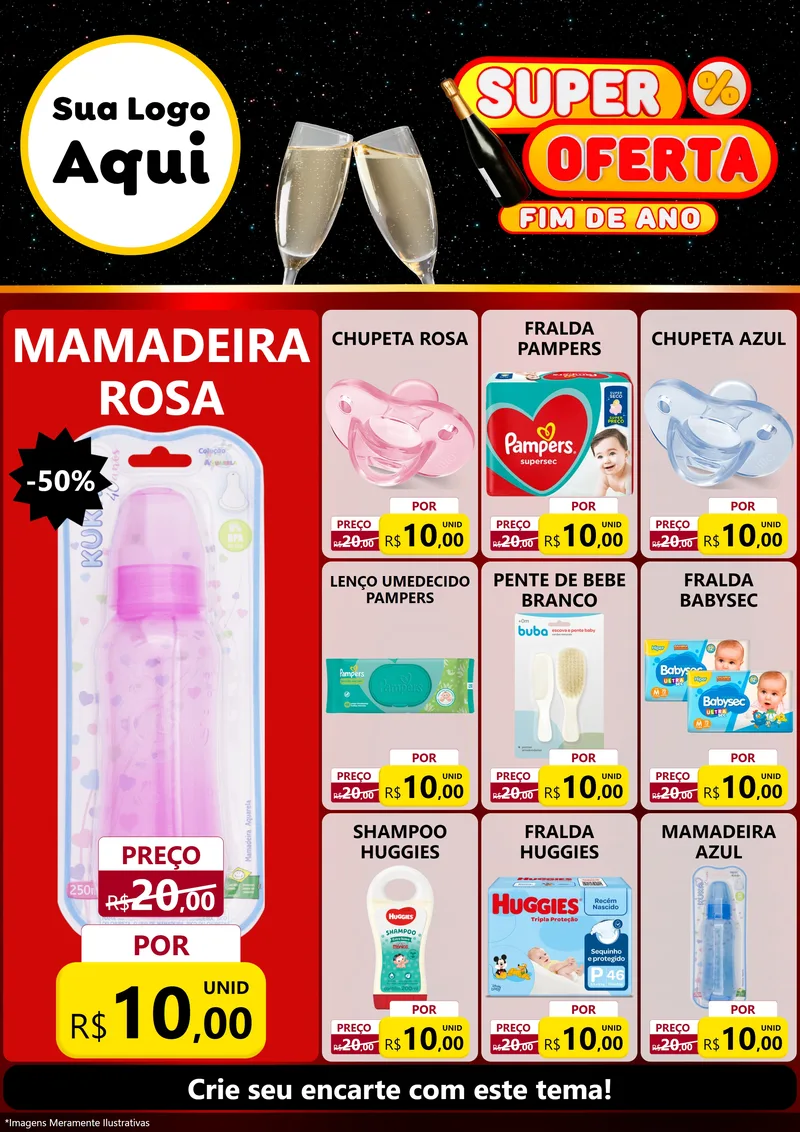 Modelo de Encarte para Encarte A4 Vertical com o tema Super Oferta Fim de Ano para Bebês