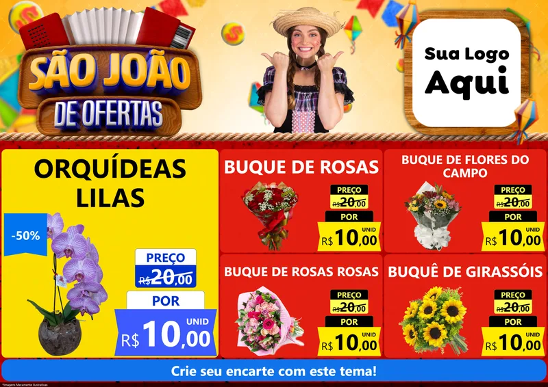 Modelo de Encarte para Encarte A4 Horizontal com o tema São João de Ofertas para Floricultura e jardim