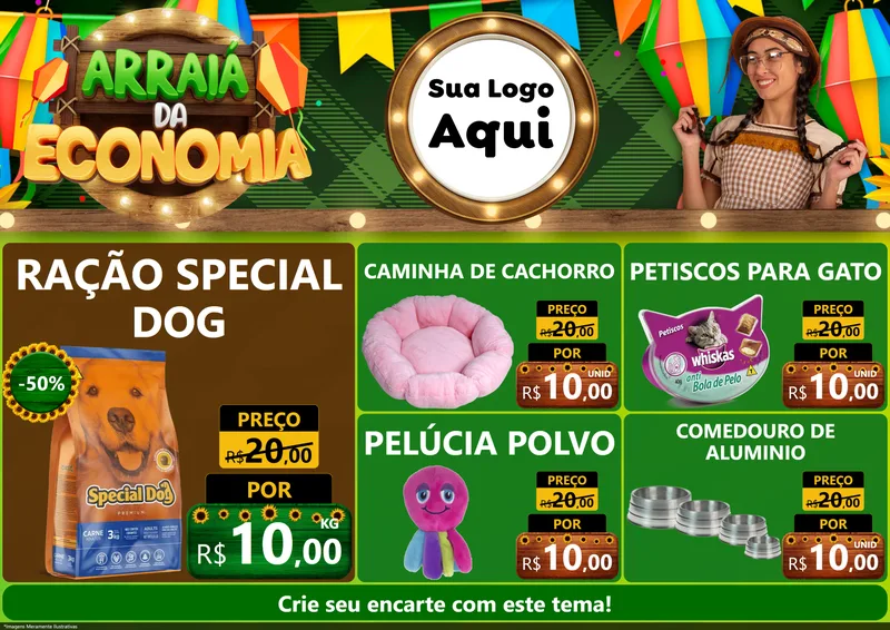 Modelo de Encarte para Encarte A4 Horizontal com o tema Arraiá de Economia para Pet Shop