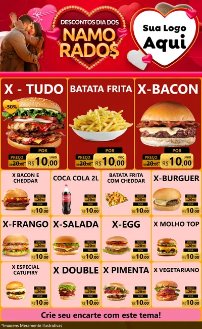 Modelo de Encarte para Encarte Grande com o tema Descontos Dia dos Namorados para Hamburgueria