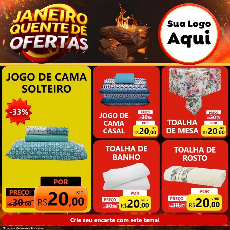 Modelo de Rede Social para Feed Facebook com o tema Janeiro Quente de Ofertas para Cama, Mesa e Banho