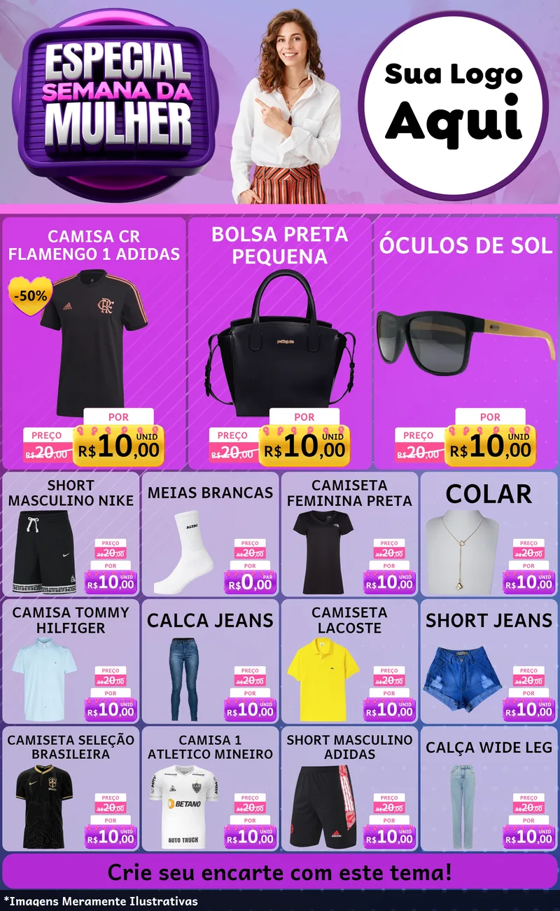 Modelo de Encarte para Encarte Grande com o tema Especial Semana da Mulher para Roupas e acessórios