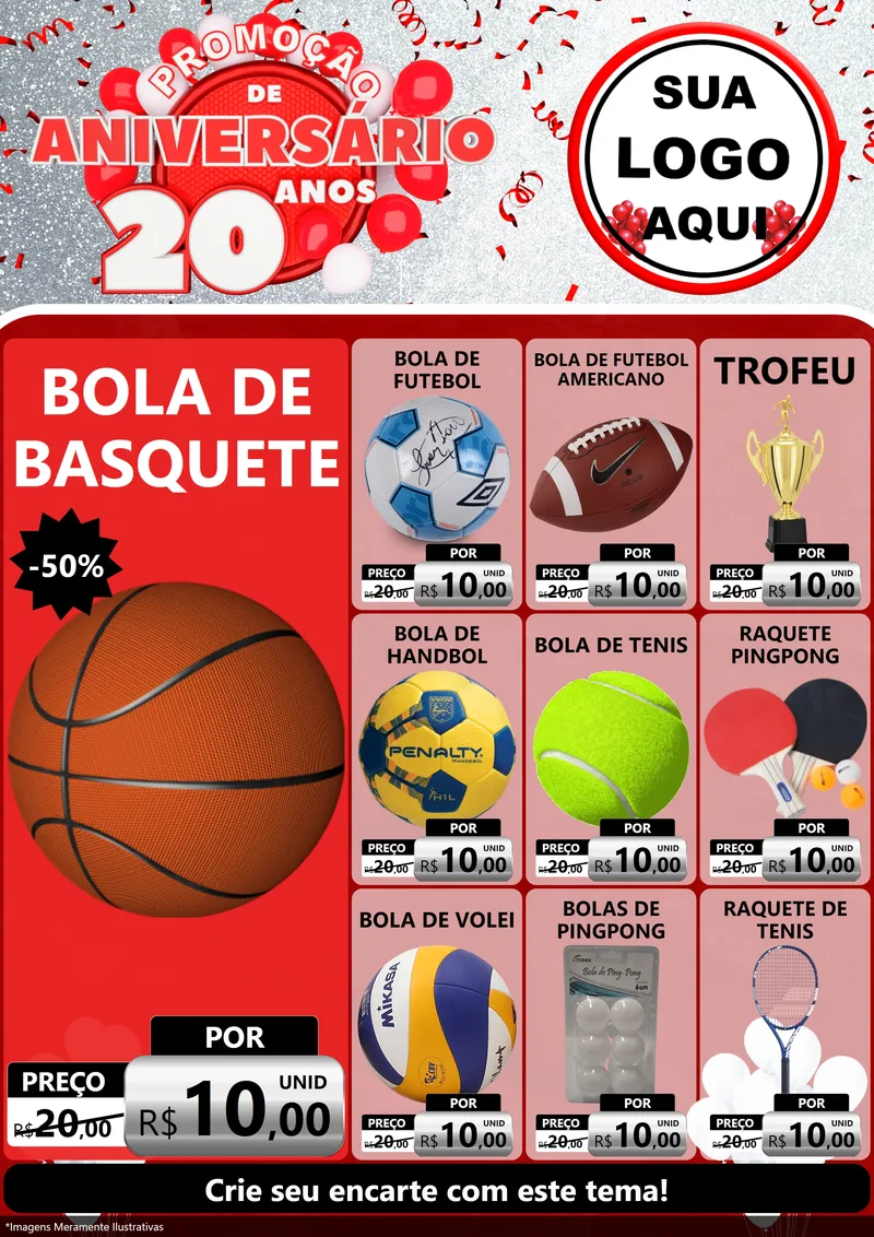 Modelo de Encarte para Encarte A4 Vertical com o tema Promoção de Aniversário - 20 Anos para Artigos Esportivos