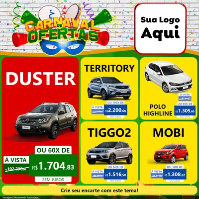 Modelo de Rede Social para Feed Facebook com o tema Carnaval de Ofertas para Concessionaria de Carros