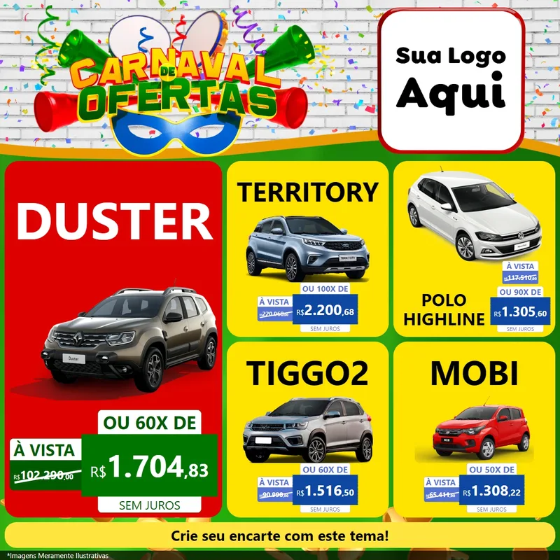 Modelo de Rede Social para Feed Facebook com o tema Carnaval de Ofertas para Concessionaria de Carros