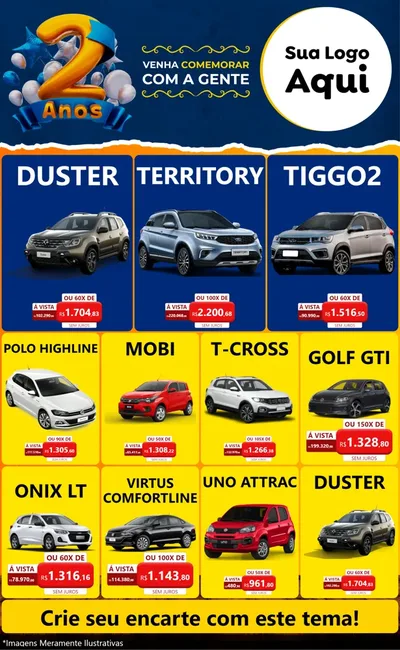 Modelo de Encarte para Encarte Grande com o tema Aniversário de 2 anos para Concessionaria de Carros