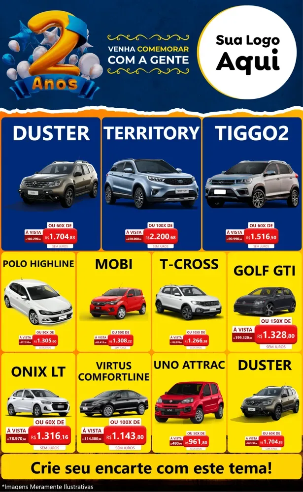 Modelo de Encarte para Encarte Grande com o tema Aniversário de 2 anos para Concessionaria de Carros
