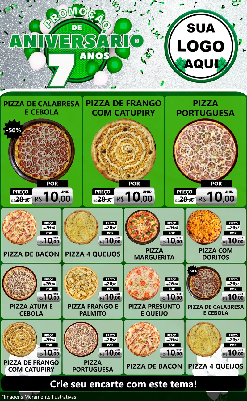Modelo de Encarte para Encarte Grande com o tema Promoção de Aniversário - 7 Anos para Pizzaria