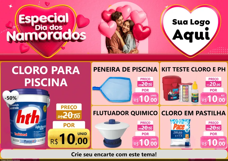 Modelo de Encarte para Encarte A4 Horizontal com o tema Especial Dia dos Namorados para Produtos para Piscina