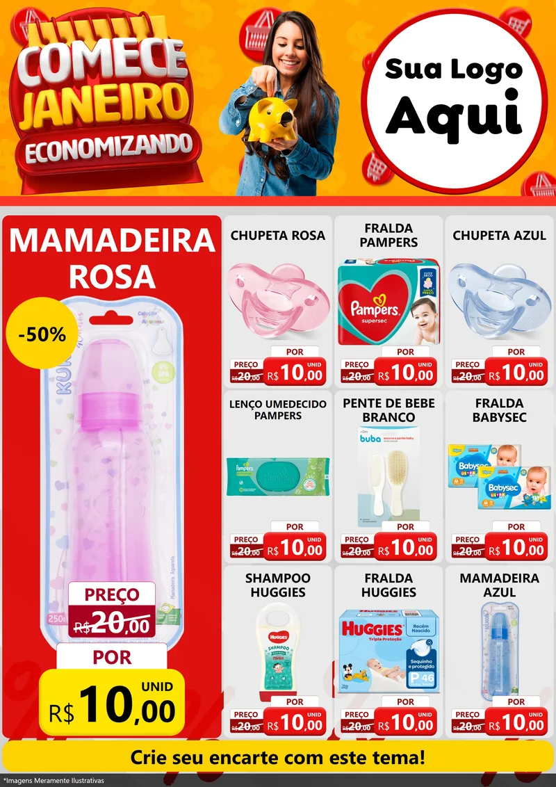 Modelo de Encarte para Encarte A4 Vertical com o tema Comece Janeiro Economizando para Bebês
